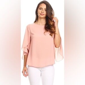 VIA JAY Women's Rose Blush Blouse 3/4 Ruffled Sleeves Office Dressy Blouse Sz L